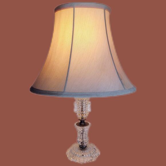Vintage 1940s Clear Glass Hobnail Column Vanity Lamp with Beige Bell Shade - Picture 1 of 5
